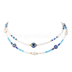 2Pcs 2 Styles Natural Pearl & Blue Resin Evil Eye & Glass Seed Beaded Necklaces for Women&nbsp;NJEW-MZ00152