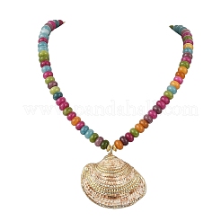 Ocean Electroplated Natural Scallop Shell Pendant Dyed Natural White Jade Rondelle Braided Bead Necklaces&nbsp;NJEW-JN06445-01