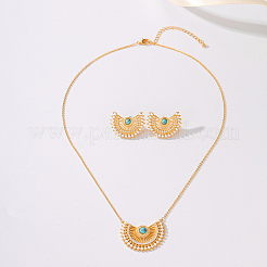 Brass Rhinestone Hollow Crescent Moon Pendant Necklace & Stud Earrings Sets with Synthetic Turquoise and Imitation Pearl&nbsp;LX5909
