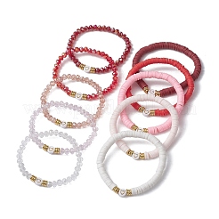 10Pcs Polymer Clay Disc & Glass & Brass Beaded Stretch Bracelets Set&nbsp;BJEW-JB09676-02
