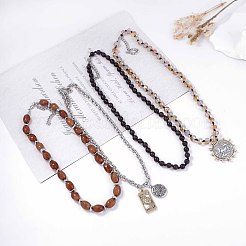 Rectangle Coin Sun Alloy Pendant Resin & Glass Beaded Multi-Layered Necklaces&nbsp;FS-WG57592-01