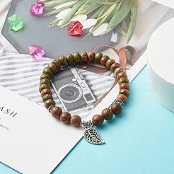 Reiki Natural Unakite & Wenge Wood Beads Stretch Bracelet&nbsp;BJEW-JB06896-05