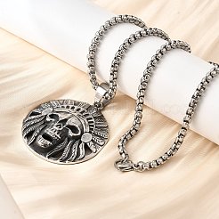 304 Stainless Steel Indian Head Skull Pendant Necklaces for Women Men&nbsp;NJEW-Z076-03AS