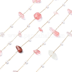 5M Natural Rose Quartz Nuggets & ABS Plastic Pearl Beaded Chains&nbsp;CHC-CJ0001-77