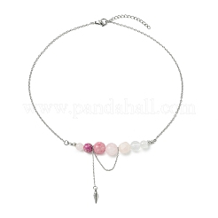 Natural  Rose Quartz & Dyed Imperial Jasper & Quartz Crystal & Green Jade Round Graduated Beaded Pendant 304 Stainless Steel Cable Chain Necklaces for Women&nbsp;NJEW-TA00242-04