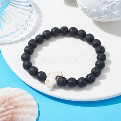Synthetic Turquoise Dolphin & Lava Rock Beaded Stretch Bracelet&nbsp;BJEW-JB09838-01
