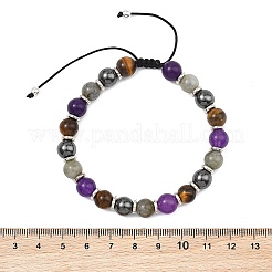Adjustable Natural Labradorite and Tiger Eye and Non-Magnetic Synthetic Hematite Round Braided Bead Bracelets for Womne&nbsp;BJEW-JB13590