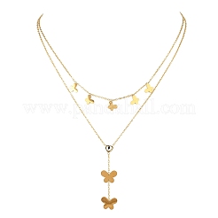 304 Stainless Steel Crystal Rhinestone Butterfly Pendant Double Layer Necklaces for Women&nbsp;NJEW-B083-01G