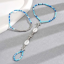 Bohemian Style Alloy Starfish & Plastic Shell Shape & Glass Seed Beaded Stretch Double Layer Toe Ring Anklets for Women&nbsp;FS-WG2BCD2-01