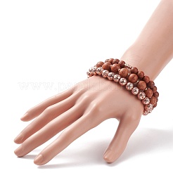 3Pcs 3 Style Natural Lava Rock & Wood Round Beaded Stretch Bracelets Set&nbsp;BJEW-JB08350