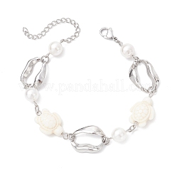 Synthetic Turquoise Tortoise & Shell Pearl & 304 Stainless Steel Oval Link Bracelets for Women&nbsp;BJEW-JB12173-01