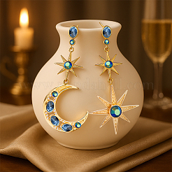2 Pairs Aquamarine AB Rhinestone Moon & Star Dangle Stud Earrings&nbsp;EJEW-HY0001-32