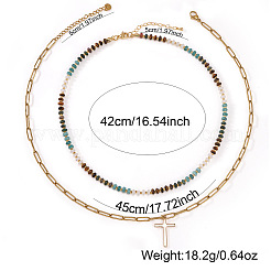 Stainless Steel Religion Cross Pendant Colorful Natural Mixed Gemstone Rondelle Beaded Double Layer Necklaces for Women&nbsp;KG2971