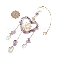 Natural Amethyst Chip & Brass Heart & Lotus Hanging Ornaments&nbsp;HJEW-TA00257