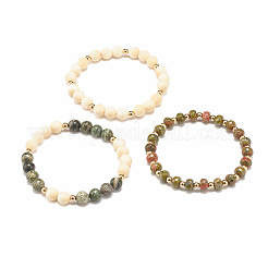 3Pcs 3 Style Natural Unakite & Wood  & Green Zebra Jasper Beaded Stretch Bracelets Set&nbsp;BJEW-JB07831