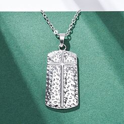 Texture Rectangle with Cross 304 Stainless Steel Pendant Necklaces&nbsp;NJEW-H059-12P