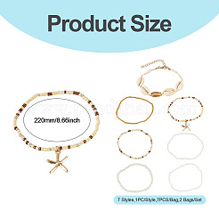 2 Bags Summer Beach Glass Seed Beaded & Natural Shell & Alloy Starfish Charm Anklet Sets&nbsp;AJEW-TA0003-69F