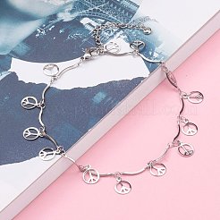 Tarnish Resistant 304 Stainless Steel Peace Sign Charm Anklets&nbsp;AJEW-AN00394-02