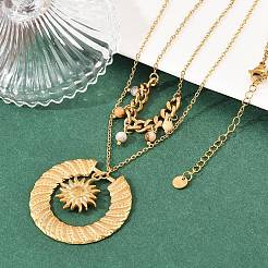 304 Stainless Steel Sun and Round Natural Crazy Agate Pendant Double Layer for Women&nbsp;NJEW-K252-13G