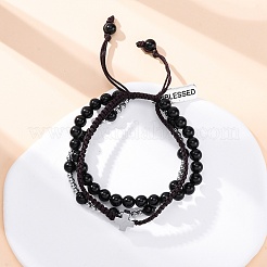 Adjustable Natural Obsidian & Hematite Braided Bead Bracelets&nbsp;BJEW-U035-01A