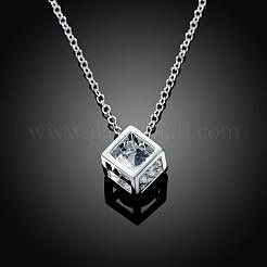 Silver Color Plated Brass Cubic Zirconia Cube Pendant Necklace&nbsp;NJEW-BB00455