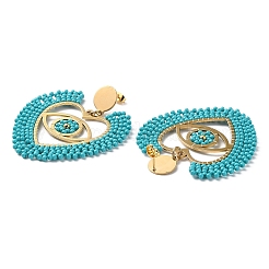 Heart with Eye Woven Glass & Brass Beaded Dangle Stud Earrings&nbsp;EJEW-A105-04G-02