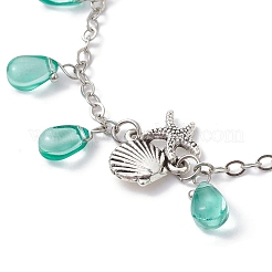 Alloy Starfish Scallop Shell Shape with Glass Teardrop Charm Bracelets&nbsp;BJEW-JB09983-02