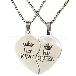 2Pcs Heart with Word King Queen Alloy Split Pendant 201 Stainless Steel Box Chain Necklaces for Couple&nbsp;FS-WG4F8D3-01