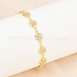Clover Brass Micro Pave Clear Cubic Zirconia Link Chain Bracelets for Women&nbsp;BJEW-A090-03G