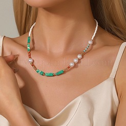 Bohemian Cuboid Dyed Natural Imperial Jasper & Red Agate & Synthetic Turquoise & Imitation Pearl & Glass Seed Beaded Necklaces&nbsp;TE0574-2