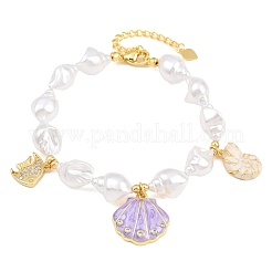 Ocean Brass Micro Pave Clear Cubic Zirconia and Enamel Plum Shell Shape Charm Bracelets for Women&nbsp;KK-CBA68DA-06G