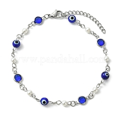 304 Stainless Steel & Glass & Blue Evil Eye Lampwork & Shell Pearl Link Chain Anklets&nbsp;AJEW-AN00812