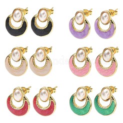 Oval with Flat Round Brass Enamel Stud Earrings&nbsp;EJEW-P341-02G