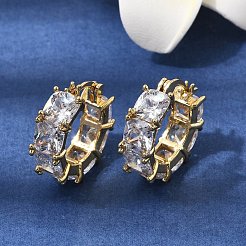 Square Brass Micro Pave Clear Cubic Zirconia Hoop Earrings&nbsp;EJEW-H108-07G