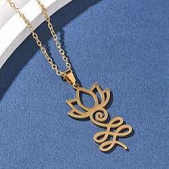304 Stainless Steel Hollow Cut Yoga Om Lotus Flower Pendant Necklaces&nbsp;NJEW-Z073-02G-02
