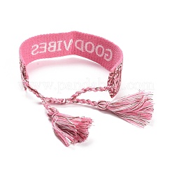 Word Good Vibes Polycotton(Polyester Cotton) Braided Bracelet with Tassel Charm&nbsp;BJEW-F429-02