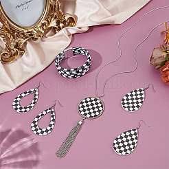 Tartan Teardrop PU Leather Pendant Necklaces & Bracelets & Dangle Earrings Sets&nbsp;SJEW-WH0007-07B