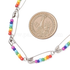 Chakra Colorful Glass Seed Beaded Iron Safety Pin Link Chain Necklaces&nbsp;NJEW-JN05670
