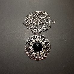 European style Alloy Crystal Rhinestone & Black Resin Flower Pendant Ball Chain Necklaces for Women&nbsp;PH9473