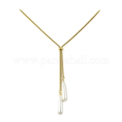Adjustable Electroplate Shell Pearl Teardrop Tassel 304 Stainless Steel Box Chain Slider Lariat Necklaces for Women&nbsp;NJEW-JN06021