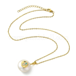 Natural Cultured Freshwater Pearl Coin with Hamsa Hand Pendant 304 Stainless Steel Cable Chain Necklaces for Women&nbsp;NJEW-JN06119