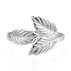 Non-Tarnish 304 Stainless Steel Leaf Open Cuff Ring for Women&nbsp;RJEW-N040-26