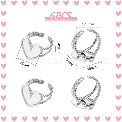 6Pcs Heart 304 Stainless Steel Open Cuff Ring Findings&nbsp;STAS-UN0055-84