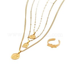 Oval/Flat Round/Rectangle with Rose Pattern 304 Stainless Steel Pendant Necklaces & Ginkgo Leaf Cuff Ring Sets&nbsp;FS-WGBCCD7-01