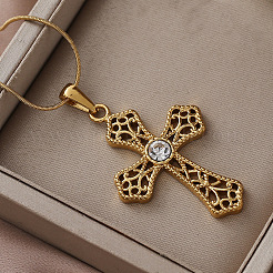 304 Stainless Steel with Clear Glass Hollow Cross Pendant Necklaces for Women&nbsp;CZ9498