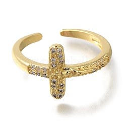 Rack Plating Crucifix Cross Brass Clear Cubic Zirconia Open Cuff Rings&nbsp;RJEW-S411-06G