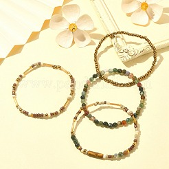 4Pcs 4 Style Natural Indian Agate & Tiger Eye & Seed Beaded Stretch Bracelets Set&nbsp;BJEW-JB09458