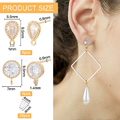 12Pcs 2 Style Flat Round & Teardrop Brass Cubic Zirconia Stud Earring Findings&nbsp;ZIRC-BC0001-24