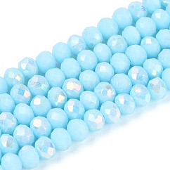 AB Color Plated Opaque Glass Rondelle Beads Strands, Faceted, Light Sky Blue, 4.5x3.5mm, Hole: 0.7~1mm, about 108~116pcs/strand, 14.76~16.73''(37.5~42.5cm)