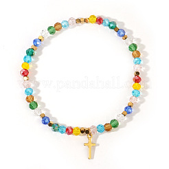 Natural Stone and Glass Faceted Rondelle Beaded Stretch Bracelets with Brass Religion Cross Charms for Women&nbsp;KR8721-6